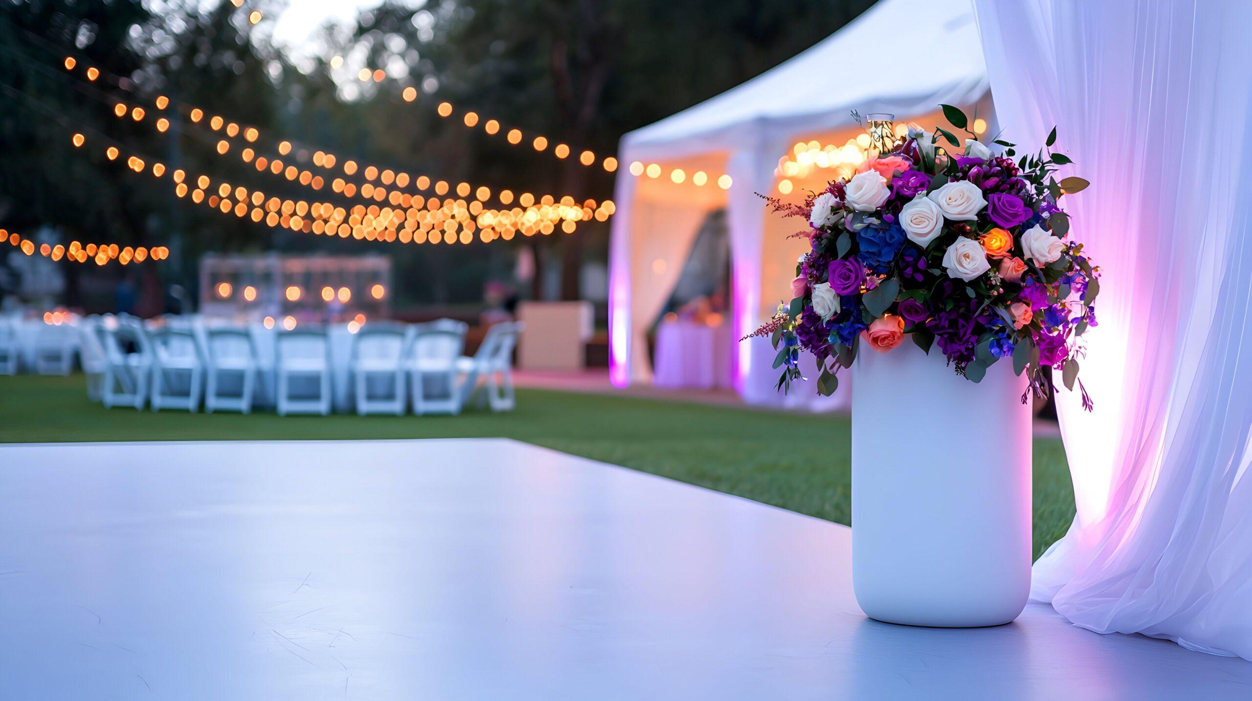 Festzelt am Abend mit Lichterketten, Blumendekoration im Vordergrund und festlicher Atmosphäre